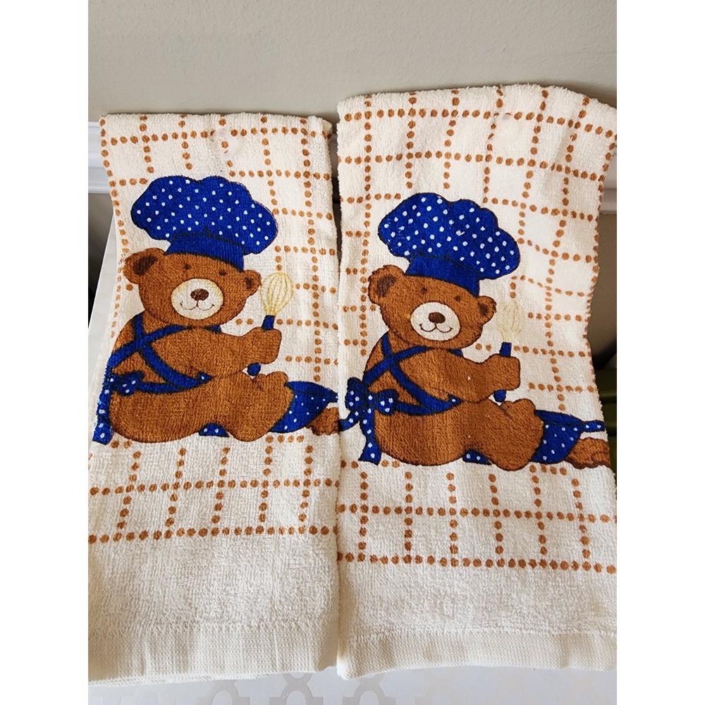 2 New Vintage Kitchen Tea Towels Bears Baking Blue Cottagecore Granny